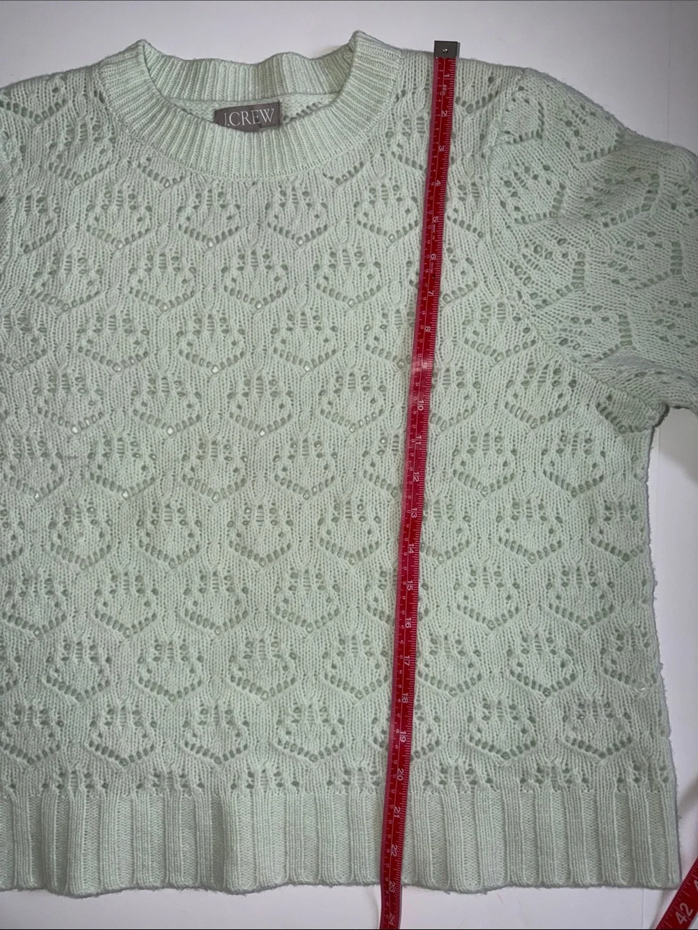J.Crew 100% Merino Wool Pointelle Knit Sweater Mint Green Wide Sleeves Large